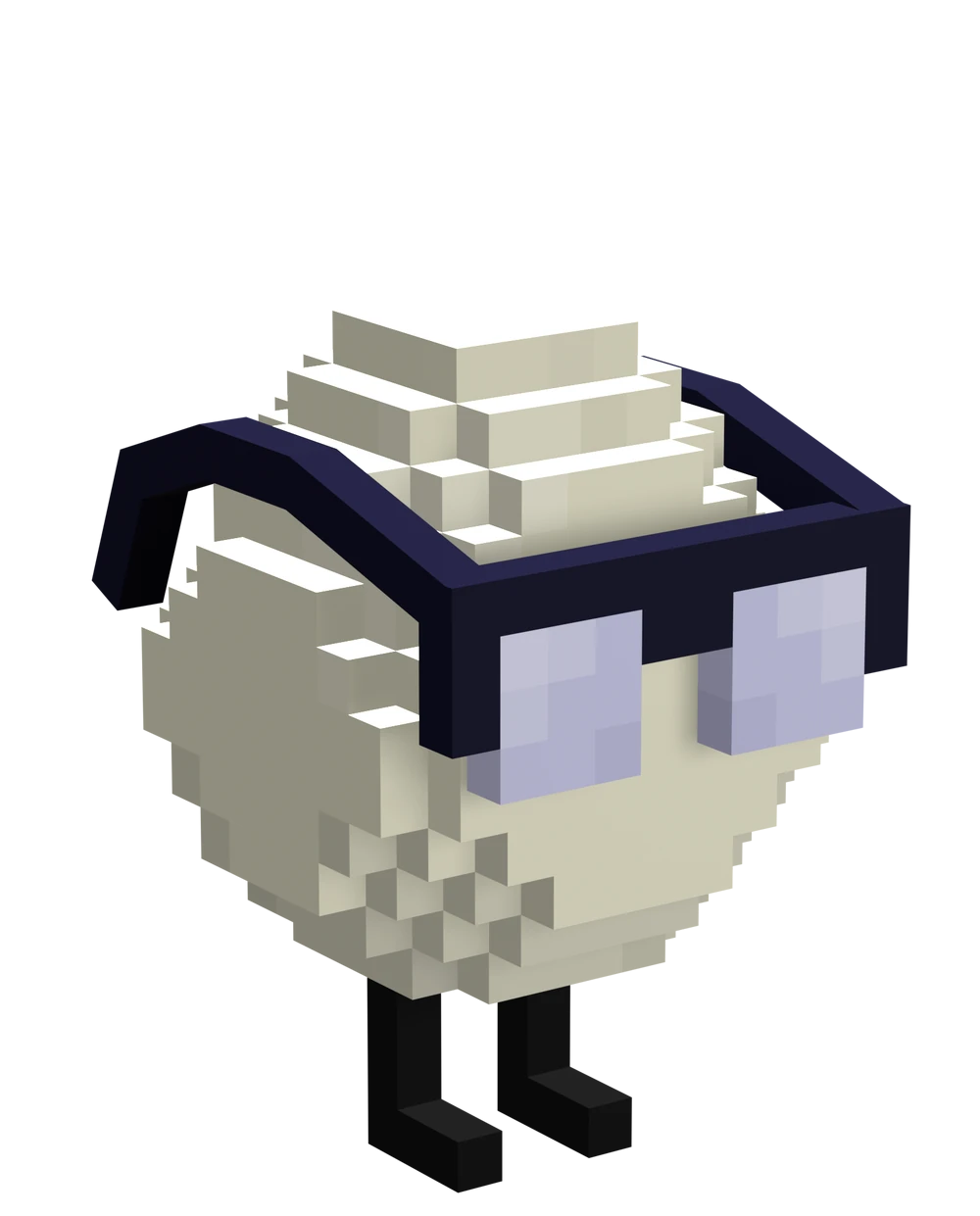 Juana's original look. This is a custom Minecraft model of the plain white circular egg, but Juana wears thick half-rimmed glasses, just like her dads. The arms of the glasses are black, and sit just below the point of the egg. Thin black legs stand under the egg.